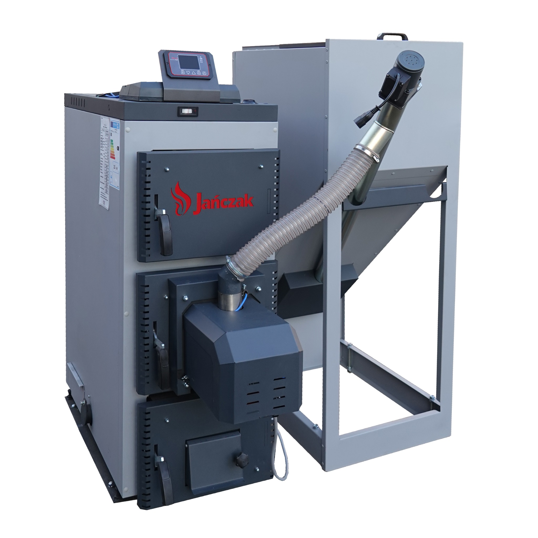 Kocioł na drewno i pellet. Po wypaleniu drewna palnik uruchamia się automatycznie.