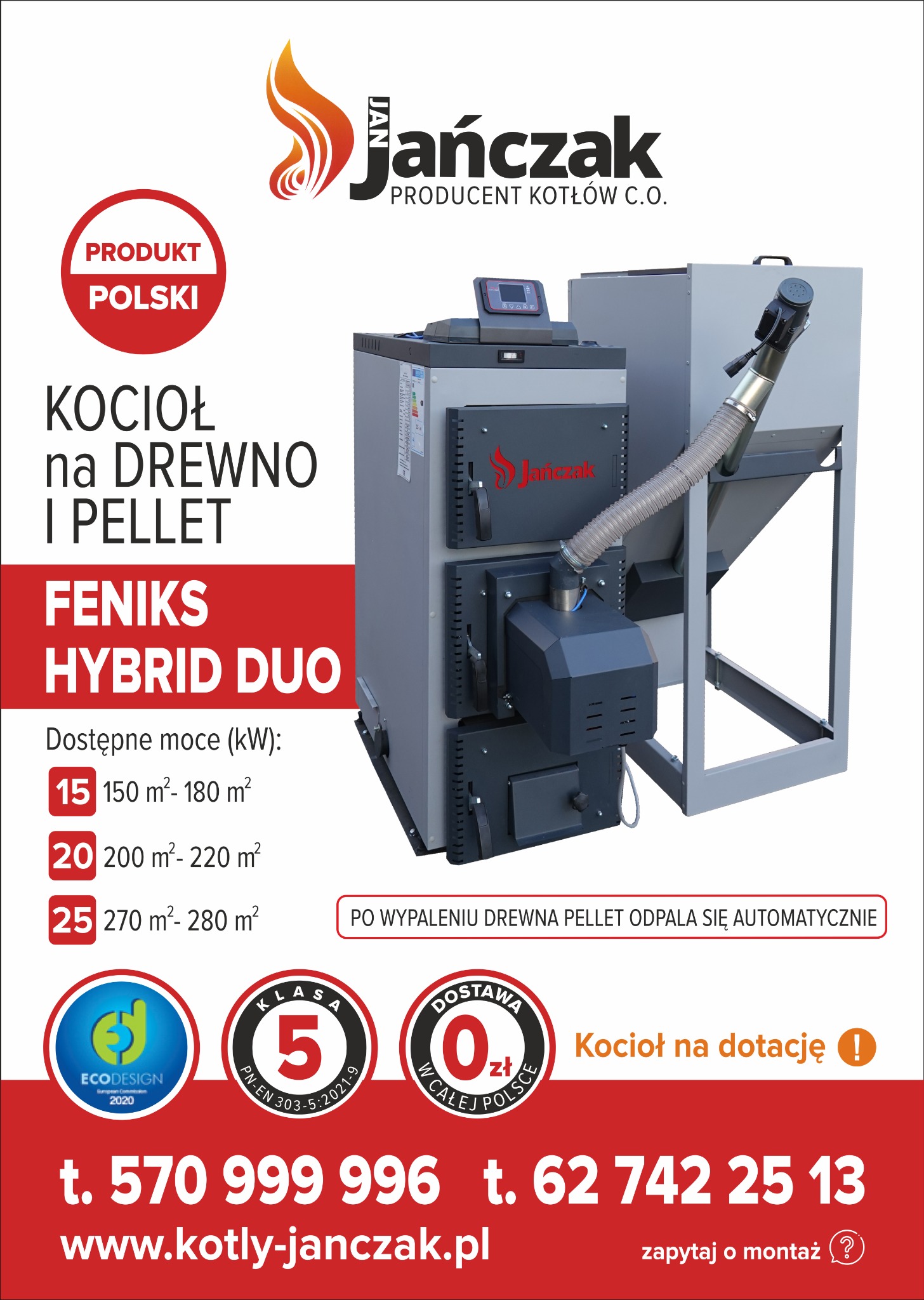 Kocioł na drewno i pellet Janćzak Feniks Hybrid Duo. Produkt Polski, klasa 5, z dotacją i dostawą 0 zł. Dostępne moce: 15, 20, 25 kW.