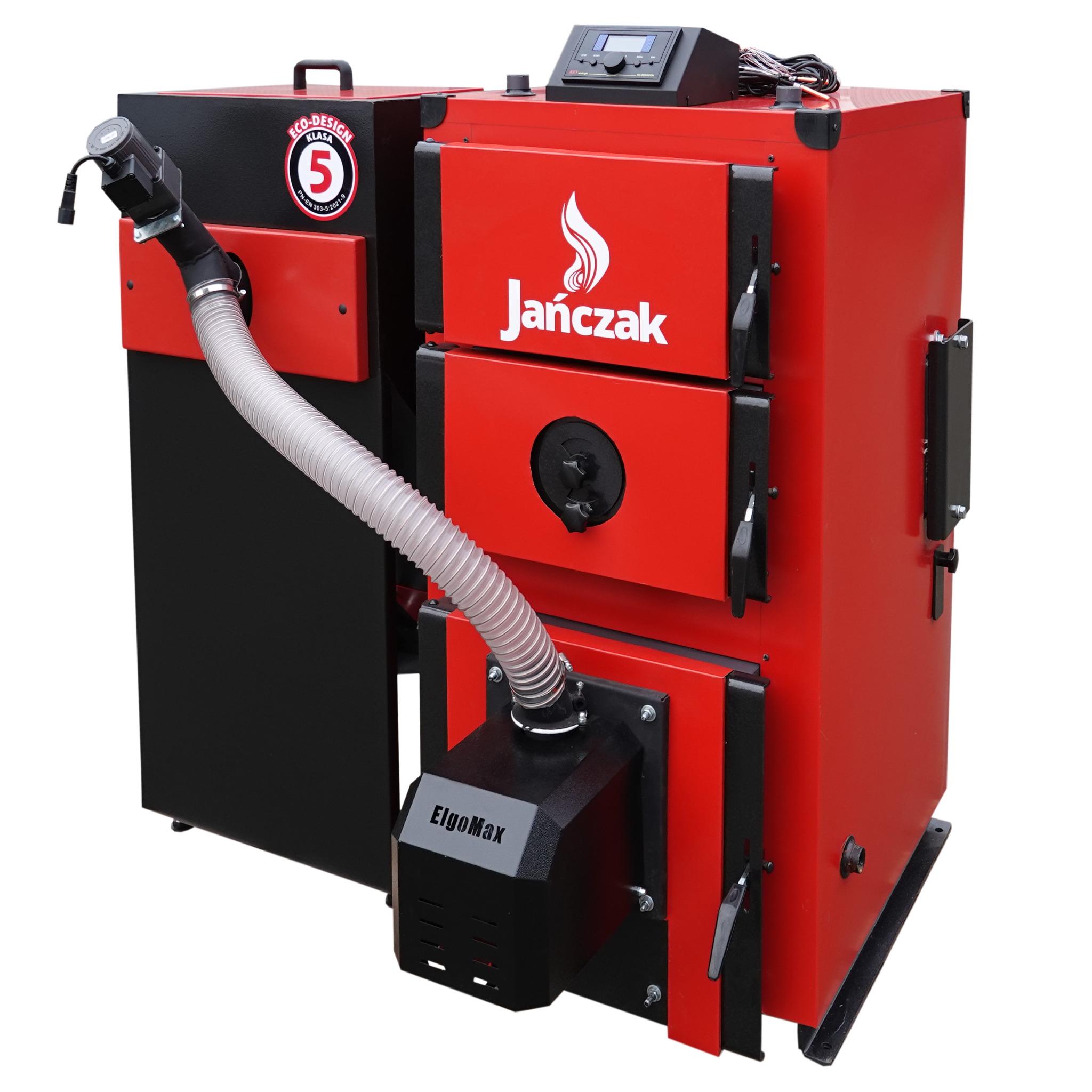 Czerwono-czarny piec na paliwo stałe marki Jańczak z podajnikiem ElgoMax, widoczny z przodu na białym tle. Model z klasą 5 Eco-Design.