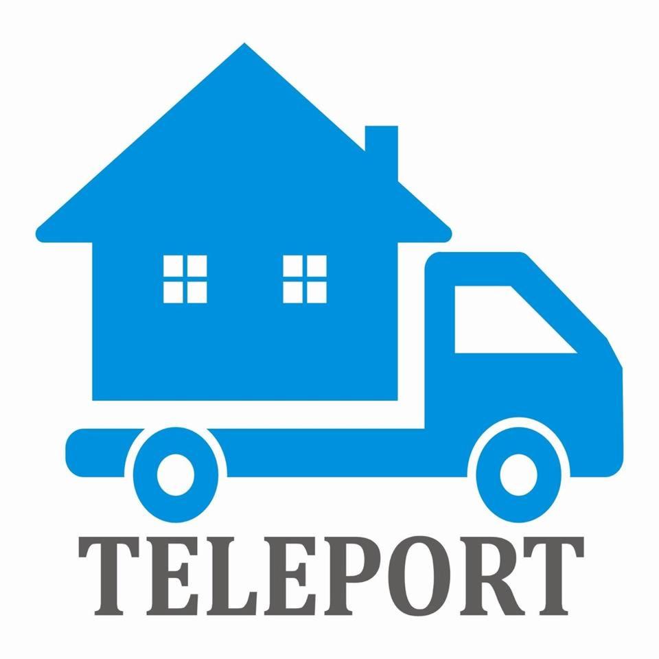 Niebieskie logo przedstawiające dom na platformie ciężarówki z napisem 'TELEPORT' poniżej.