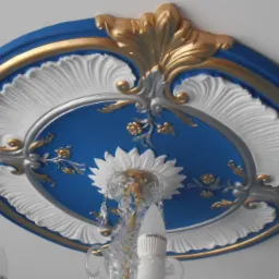 Ozdobny, okrągły rozetowy element dekoracyjny sufitu w kolorze niebieskim, złotym i białym, z kryształowym żyrandolem w centrum, oświetlonym żarówkami LED.