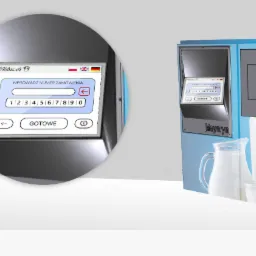 Wizualizacja maszyny vendingowej do mleka z panelem dotykowym do wprowadzania numeru zamówienia i interfejsem w języku polskim, angielskim i niemieckim.