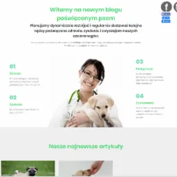 Strona internetowa bloga poświęconego psom, z uśmiechniętą lekarką weterynarii trzymającą szczeniaka na tle tekstu o zdrowiu, żywieniu, pielęgnacji i zachowaniu psów.