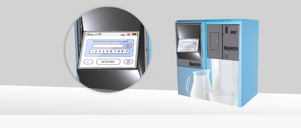 Wizualizacja maszyny vendingowej do mleka z panelem dotykowym do wprowadzania numeru zamówienia i interfejsem w języku polskim, angielskim i niemieckim.