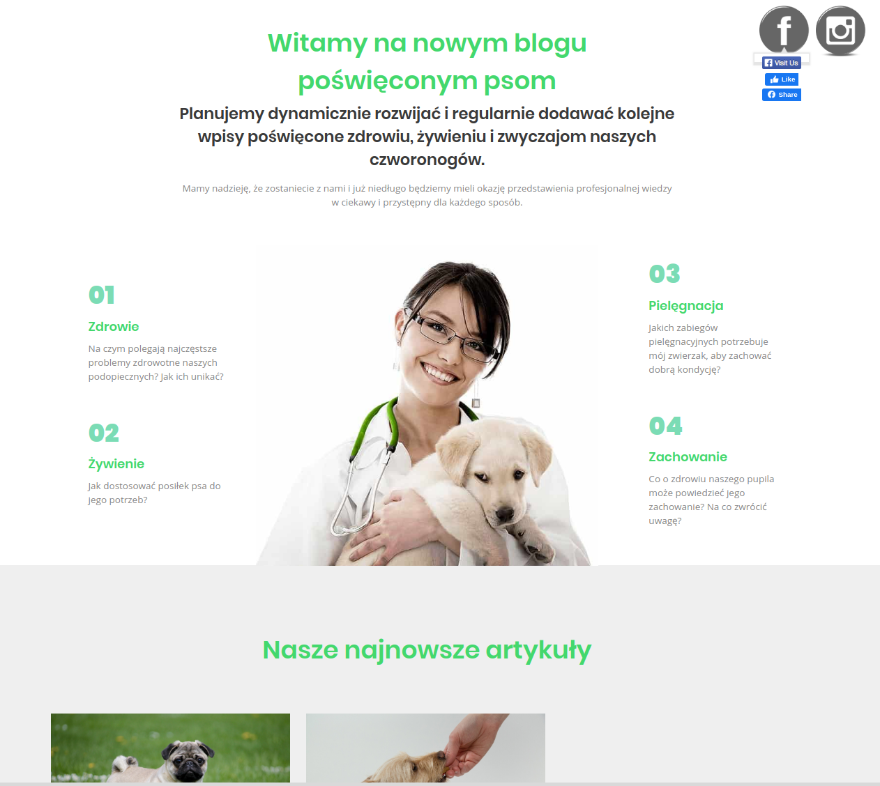 Strona internetowa bloga poświęconego psom, z uśmiechniętą lekarką weterynarii trzymającą szczeniaka na tle tekstu o zdrowiu, żywieniu, pielęgnacji i zachowaniu psów.