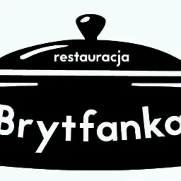 Czarno-białe logo restauracji w kształcie garnka z napisem 'Brytfanka' i 'restauracja' na pokrywce. Minimalistyczny design, skierowany do branży gastronomicznej.