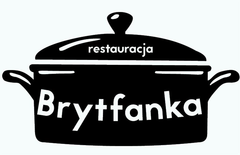 Czarno-białe logo restauracji w kształcie garnka z napisem 'Brytfanka' i 'restauracja' na pokrywce. Minimalistyczny design, skierowany do branży gastronomicznej.