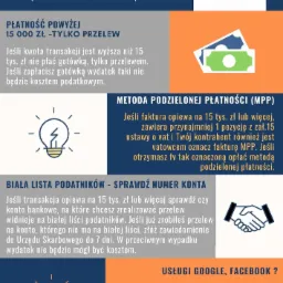 Infografika informująca o obowiązkach podatkowych, w tym o płatnościach powyżej 15 000 zł tylko przelewem, metodzie podzielonej płatności, białej liście podatników oraz usługach Google i Facebook.