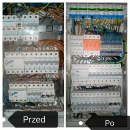 Porównanie stanu rozdzielnicy elektrycznej przed i po naprawie: widoczne uporządkowane i zabezpieczone przewody po interwencji elektryka.