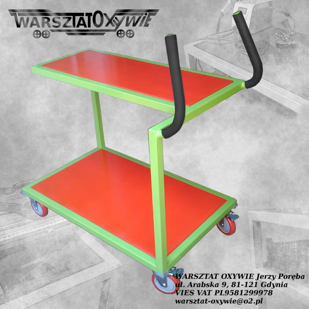 Wózek warsztatowy spawalniczy z dwoma półkami w kolorach zielonym i pomarańczowym, z uchwytami pokrytymi pianką, na tle warsztatu z widocznym logo firmy 'WarsztatOxywie' i danymi kontaktowymi.