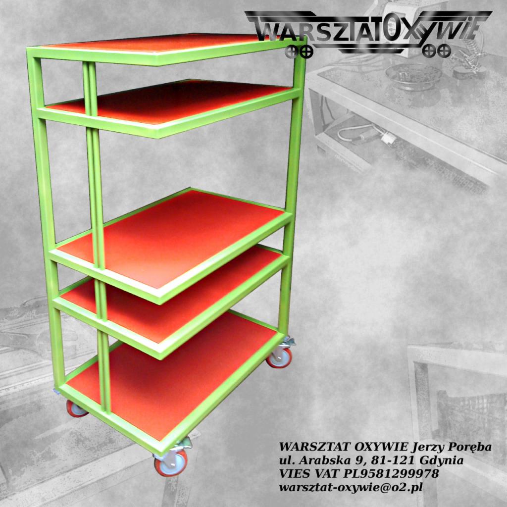 Wózek warsztatowy z czterema półkami, pomalowany na zielono i pomarańczowo, z widocznym logo firmy w tle.