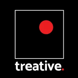 Logo firmy 'treative' z białym napisem na czarnym tle, z białym kwadratem i czerwonym kołem w górnej części.