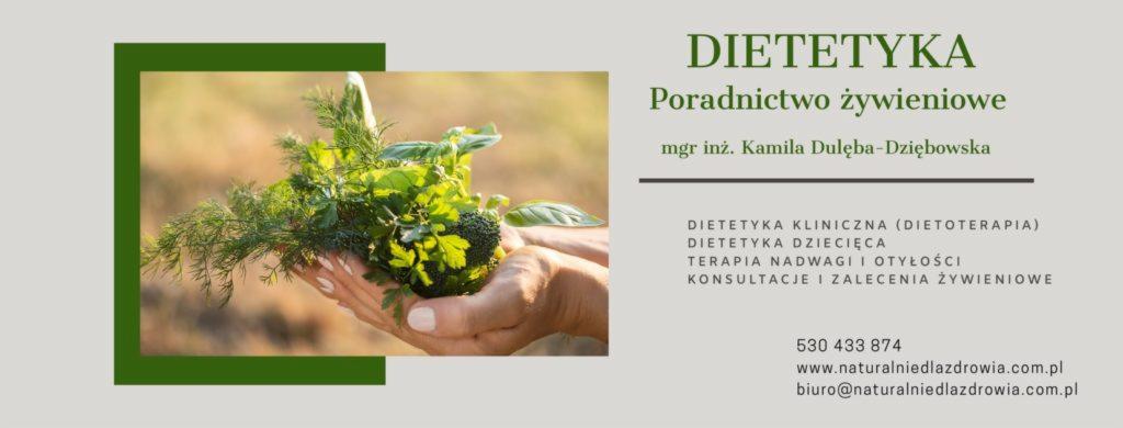 Dłonie trzymające świeże zioła i brokuły na tle naturalnego światła, element graficzny z tekstem i danymi kontaktowymi.