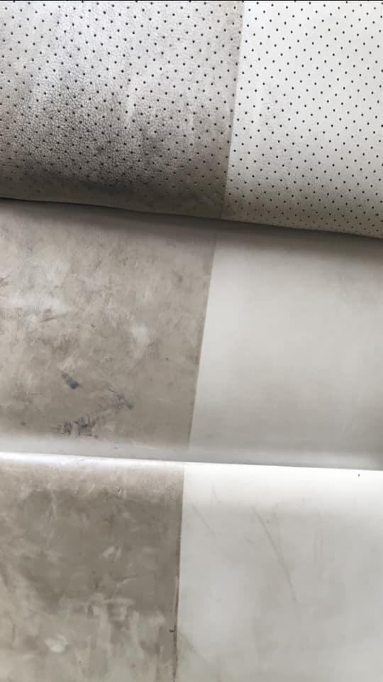 Porównanie stanu tapicerki samochodowej przed i po czyszczeniu: widoczne wyraźne różnice w kolorze i fakturze, od zabrudzonej, szarej powierzchni do czystej, jasnej.