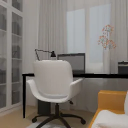 Wizualizacja domowego biura w Warszawie: białe krzesło biurowe przed czarnym biurkiem, na którym stoi laptop, lampka i drukarka. W tle okno z zasłonami i regał z książkami.