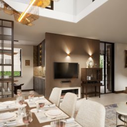 JoinAnnaDesign Anna Pawikowska - Elegancka aranżacja wnętrza domu: jadalnia z przeszkloną witryną, salon z TV i kominkiem, schody. Ciepłe oświetlenie, stonowana kolorystyka, nowoczesny design.