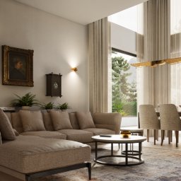 JoinAnnaDesign Anna Pawikowska - Jasny salon w Warszawie z narożnikiem, okrągłym stolikiem i jadalnią przy oknie. Obraz w złotej ramie i designerska lampa dodają elegancji.