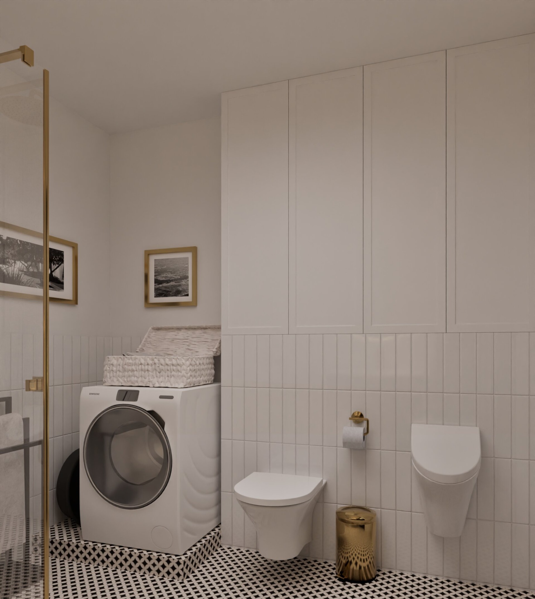 Biała łazienka z pralką, wiszącą toaletą i pisuar, złote akcenty, czarno-biała podłoga w geometryczny wzór, obrazy w złotych ramach na ścianie, minimalistyczny styl.