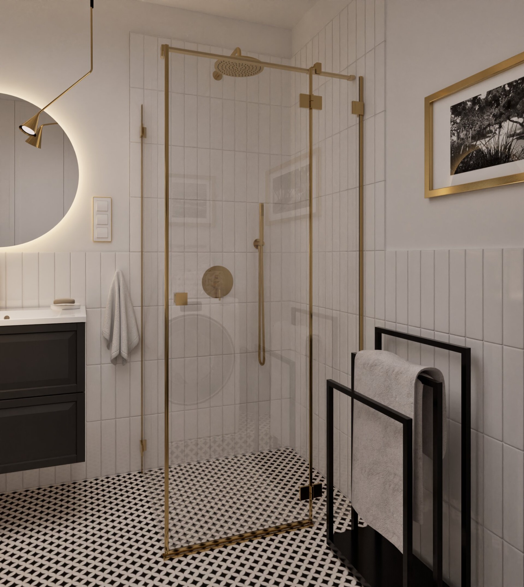 Nowoczesna łazienka z kabiną prysznicową w złotej ramie, czarno-białą podłogą w geometryczny wzór i okrągłym lustrem z podświetleniem LED.