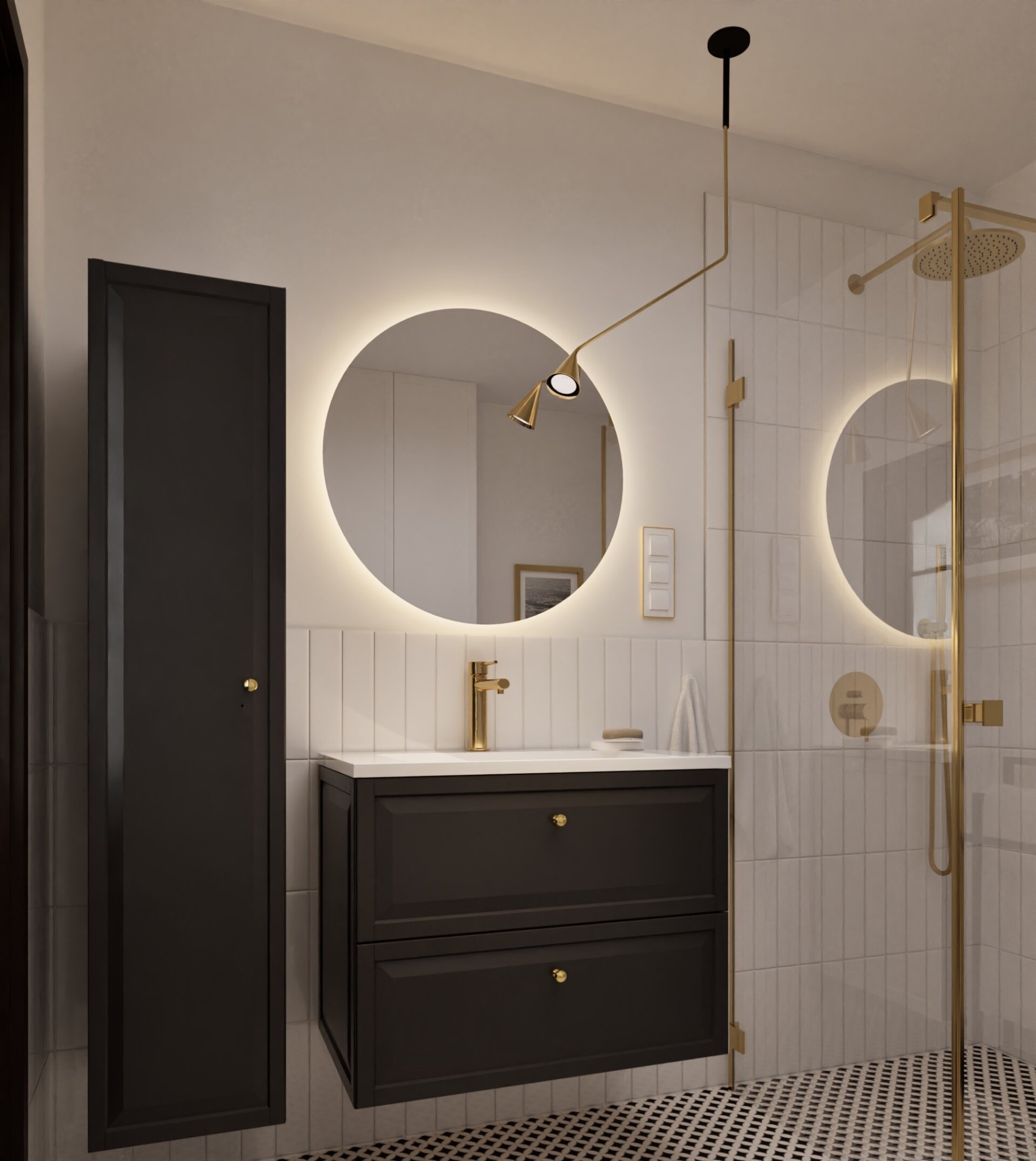 Nowoczesna łazienka z czarną szafką pod umywalką, okrągłym lustrem z podświetleniem LED, złotą armaturą i kabiną prysznicową ze złotymi elementami.