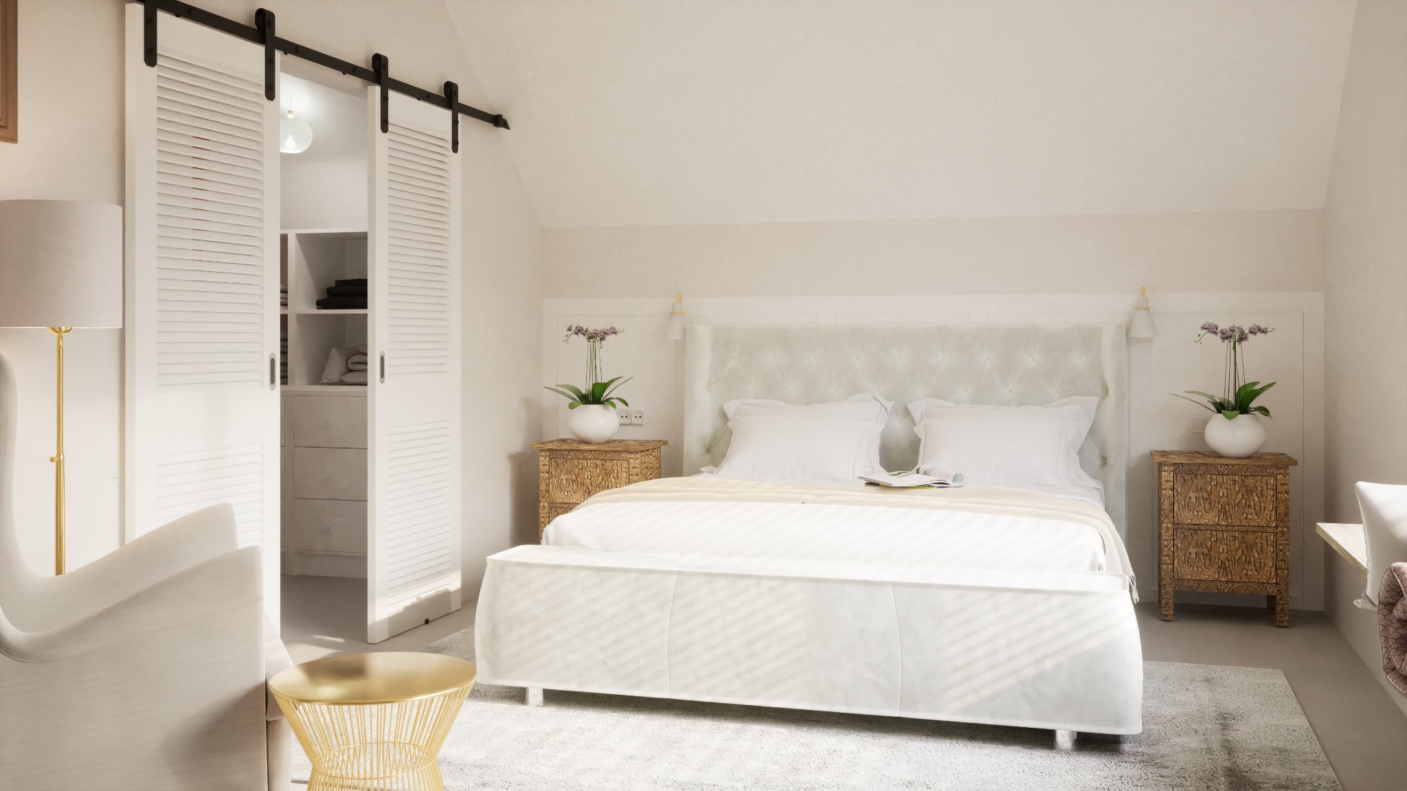 Jasna sypialnia w stylu minimalistycznym z łóżkiem z pikowanym zagłówkiem, szafkami nocnymi z drewna, przesuwnymi drzwiami do garderoby i złotym stolikiem pomocniczym.