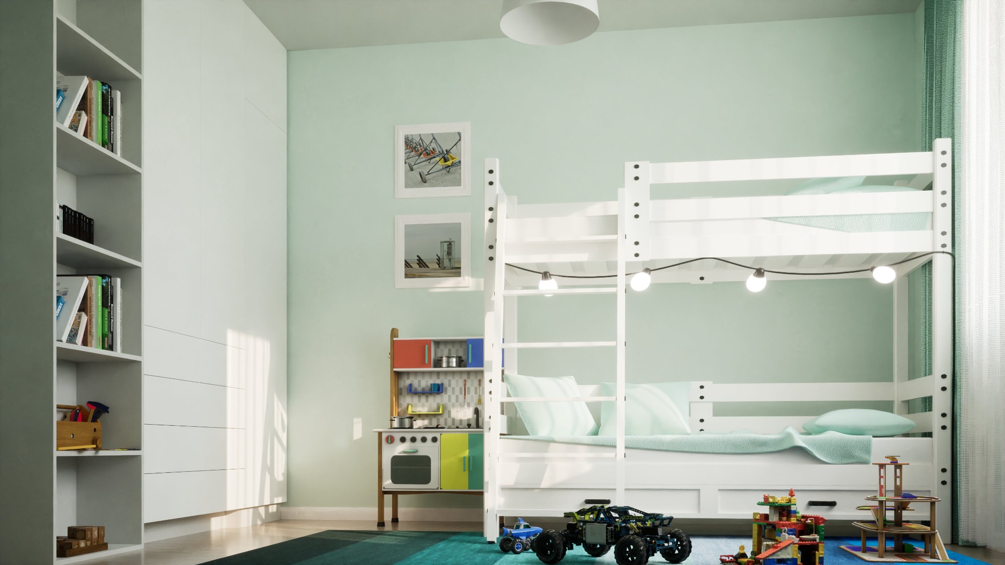 Pokój dziecięcy z białym łóżkiem piętrowym, drewnianą kuchnią zabawkową, regałem z książkami i zabawkami na turkusowym dywanie.