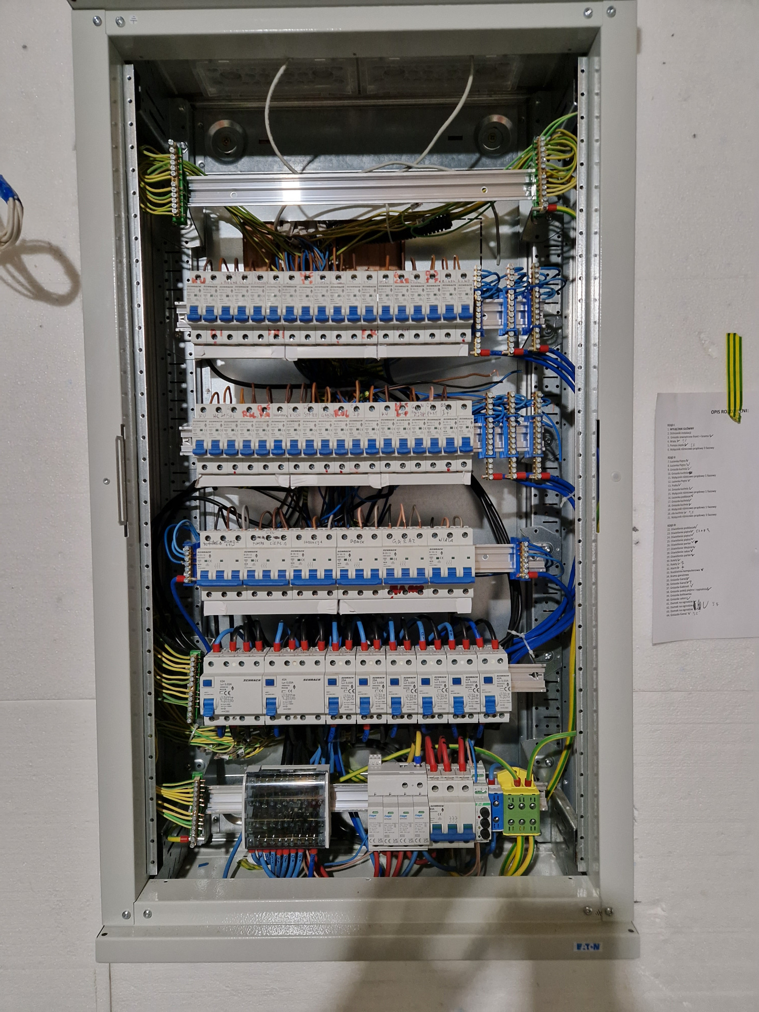 Rozdzielnica elektryczna w metalowej obudowie, widoczne liczne zabezpieczenia nadprądowe, przewody w różnych kolorach i listwa zaciskowa, obok przyklejona kartka z opisem wykonanych prac.