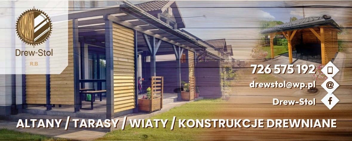 Kompozycja graficzna prezentująca drewniane konstrukcje: zadaszony taras z drewnianymi ściankami, altana ogrodowa, logo firmy Drew-Stol oraz dane kontaktowe na tle imitującym drewno.