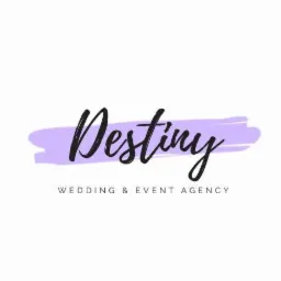 Logo firmy Destiny Wedding & Event Agency z nazwą napisaną ozdobną czcionką na fioletowym tle.
