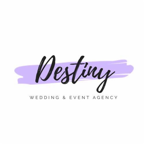Logo firmy Destiny Wedding & Event Agency z nazwą napisaną ozdobną czcionką na fioletowym tle.