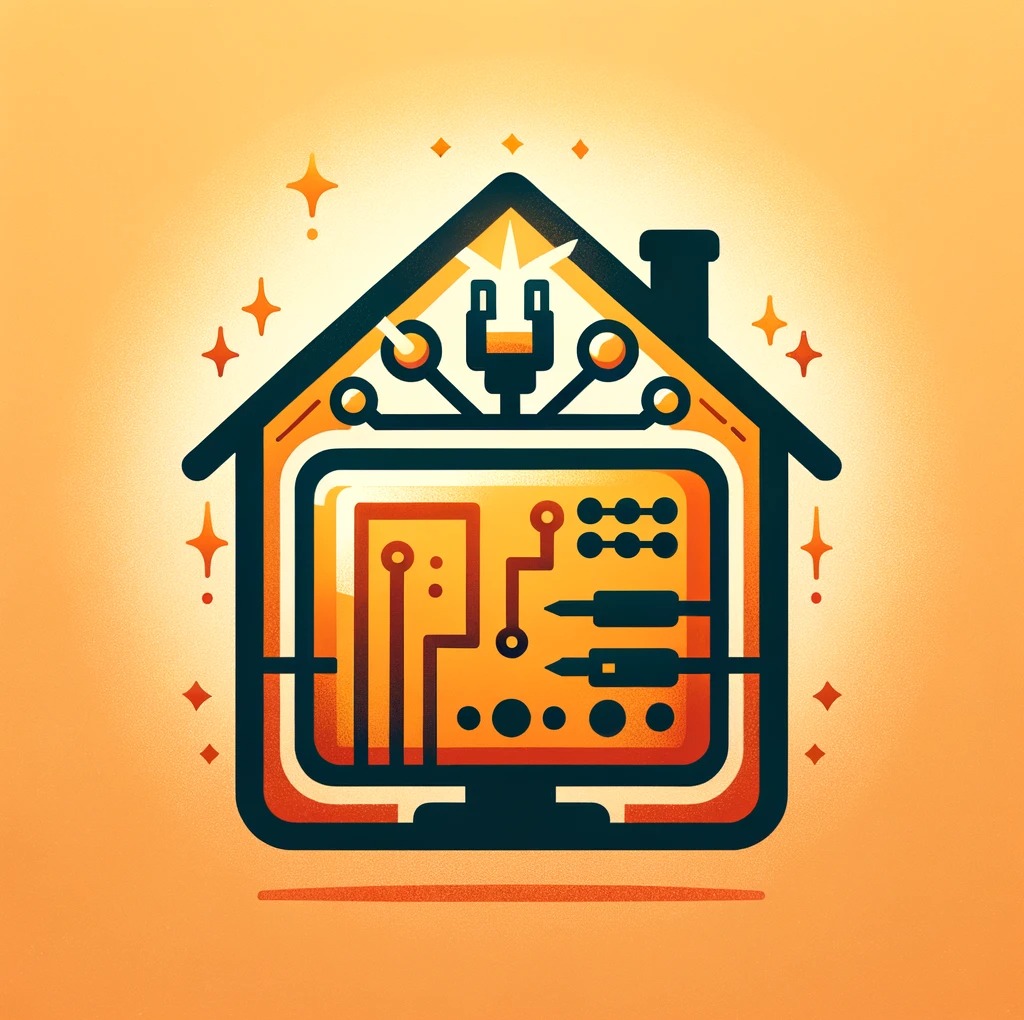 Stylizowany symbol domu z ekranem telewizora w środku, przedstawiający płytę główną i wtyczkę zasilania, otoczony gwiazdkami na pomarańczowym tle.