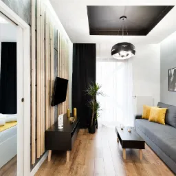 Nowoczesny salon z drewnianą ścianką działową, telewizorem, szarą sofą z żółtymi poduszkami i sypialnią widoczną w tle przez otwarte drzwi.