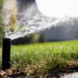 Automatyczny zraszacz ogrodowy w akcji, nawadniający trawnik w słoneczny dzień, z widocznymi kroplami wody w powietrzu i w tle zarys budynku.