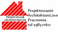 Czerwono-białe logo pracowni projektowania architektonicznego z ukośnymi paskami tworzącymi kształt domu i tekstem 'Projektowanie Architektoniczne Pracownia od 1983 roku'.