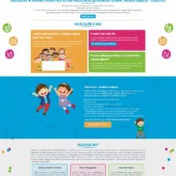 Projekt strony internetowej żłobka językowego z ilustracjami drzew z nazwami w kolorowych literach, wesołą grafiką i informacjami o rekrutacji.