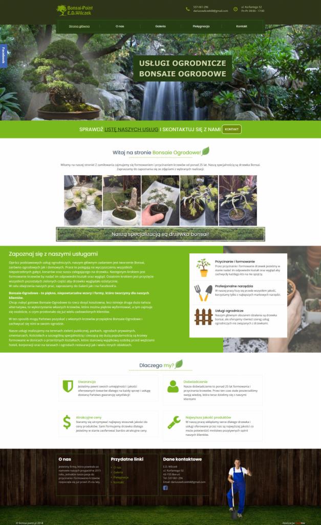Strona internetowa firmy Bonsai-Point E.D.Wilczek, prezentująca ofertę usług ogrodniczych i formowania drzewek bonsai. Na górze logo firmy, menu i nagłówek z nazwą usług. Poniżej zdjęcia drzewek...