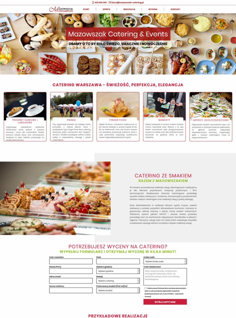 Strona internetowa firmy cateringowej Mazowszak Catering & Events, prezentująca ofertę cateringową na różnego rodzaju wydarzenia, z możliwością wypełnienia formularza wyceny.