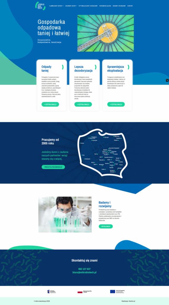 Projekt strony internetowej firmy zajmującej się gospodarką odpadową, prezentujący wizualizację oczyszczalni ścieków, ofertę i dane kontaktowe.