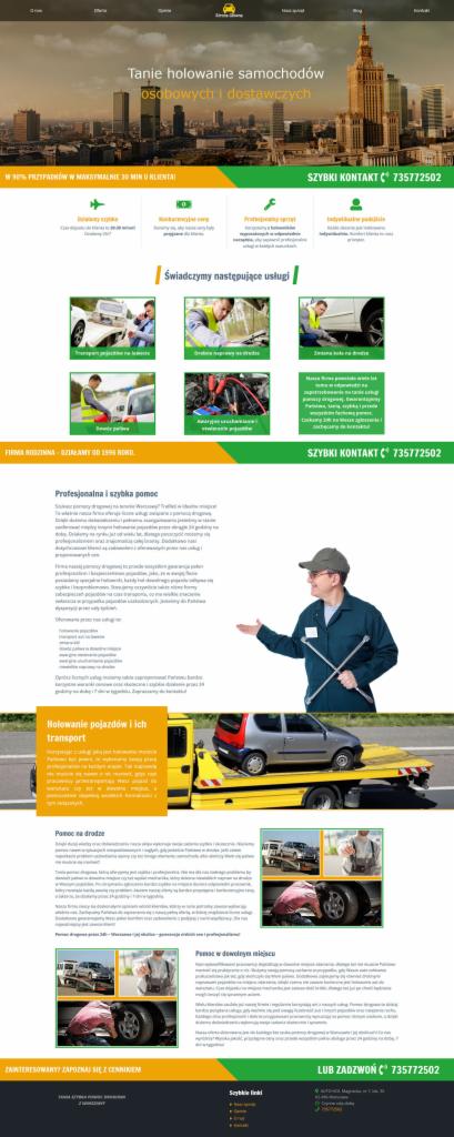 Projekt strony internetowej firmy oferującej holowanie pojazdów, z widokiem Warszawy w tle i pracownikiem trzymającym klucz do kół.