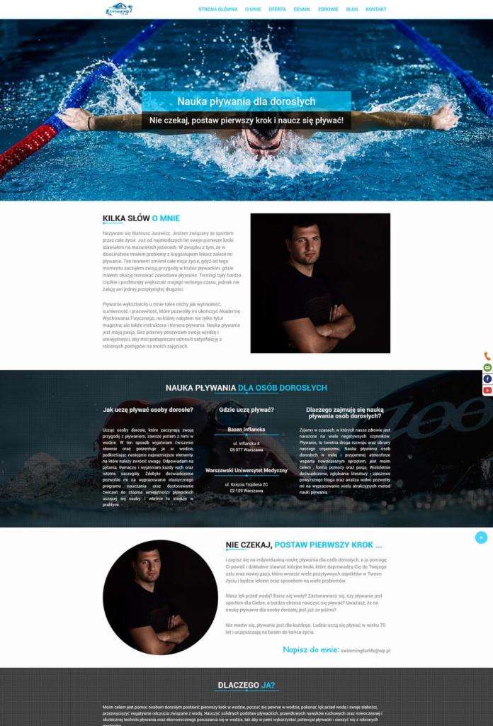 Fragment strony internetowej z nagłówkiem 'Nauka pływania dla dorosłych', prezentujący pływaka w trakcie treningu, tekst informacyjny o instruktorze i ofercie zajęć na basenie.