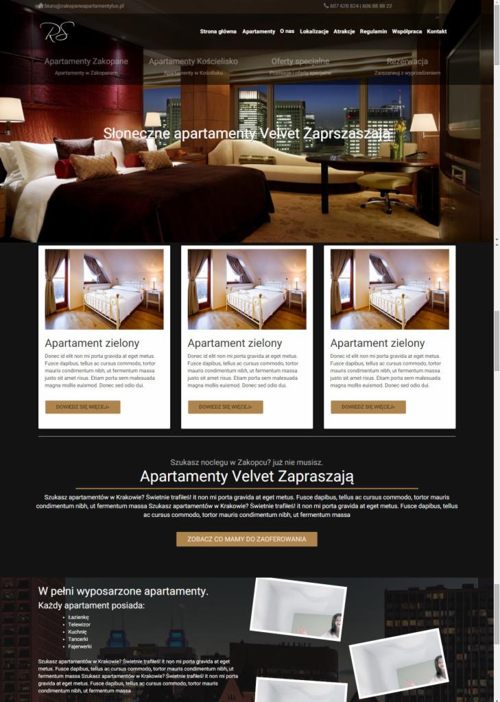 Zrzut ekranu strony internetowej apartamentów Velvet, prezentujący luksusowy apartament z dużym łóżkiem, sofą i widokiem na miasto nocą, wraz z sekcjami nawigacyjnymi i ofertami.