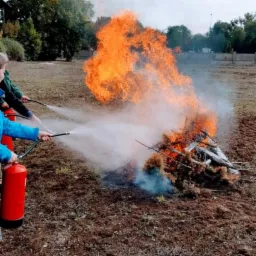 Osoby w trakcie gaszenia ogniska z gałęzi przy użyciu gaśnic podczas szkolenia przeciwpożarowego na zewnątrz.