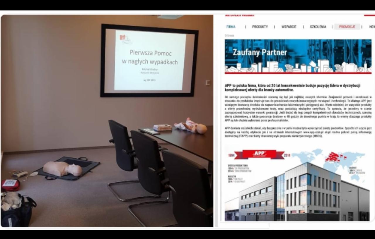 Sala szkoleniowa z manekinem do ćwiczeń resuscytacji na stole, na ekranie wyświetlany tytuł 'Pierwsza Pomoc w nagłych wypadkach'.