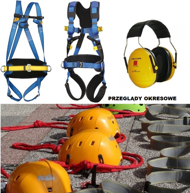 Zestaw środków ochrony indywidualnej: szelki bezpieczeństwa w dwóch wariantach kolorystycznych (niebieskie), nauszniki przeciwhałasowe Peltor Optime I, kaski ochronne w kolorze żółtym, liny...