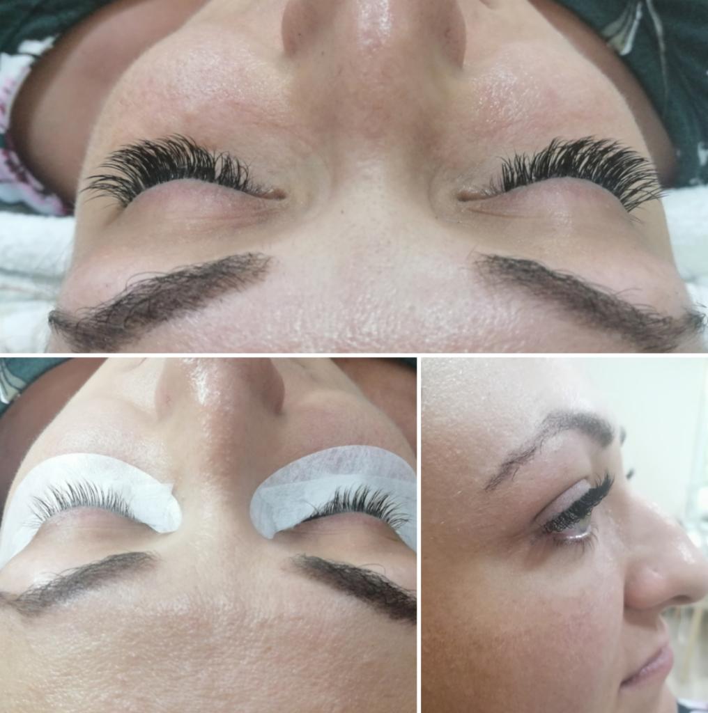 Zbliżenie na twarz kobiety z przedłużonymi rzęsami, widoczne etapy zabiegu: rzęsy przedłużone, rzęsy w trakcie aplikacji z użyciem płatków ochronnych oraz profil twarzy z gotowym efektem.