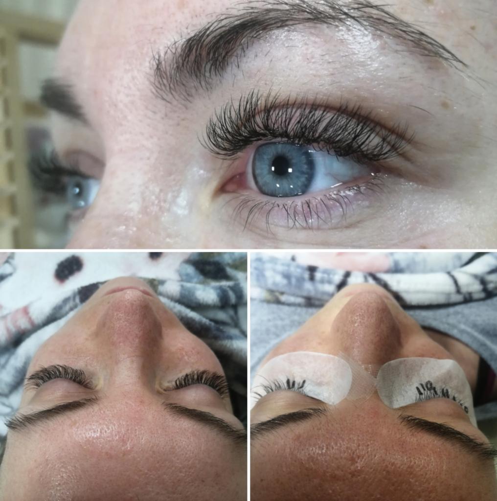 Zbliżenie na oko z przedłużonymi rzęsami, widoczne pojedyncze, gęste włoski, na dole zdjęcia dwie perspektywy twarzy klientki przed i w trakcie zabiegu przedłużania rzęs z użyciem płatków ochronnych.