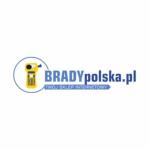 Logo firmy Brady Polska z adresem strony internetowej i symbolem przypominającym kamerę lub drukarkę etykiet.