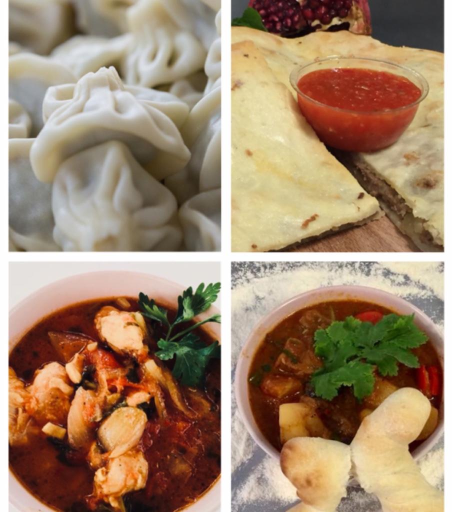 Kolaż czterech zdjęć potraw: gruzińskie pierożki chinkali, placek z sosem, zupa z kurczakiem i warzywami, gulasz z ziemniakami i ziołami, prezentowane w miseczkach i na talerzach, całość w jasnych...