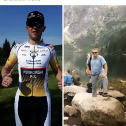 Dietetyk Sebastian Kwieciński w stroju triathlonowym na tle zieleni, obok zdjęcie mężczyzny w okularach nad jeziorem Morskie Oko z dziećmi w tle.