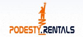 Logo firmy Podesty.Rentals: pomarańczowy człowiek z gwiazdą na podestach, nazwa firmy w kolorach pomarańczowym i granatowym.